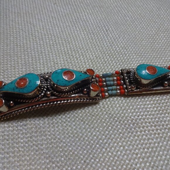 Tribal TURQUOISE & RED CORAL Handmade Sterling Bracelet Size 7" #38C - Picture 3 of 3